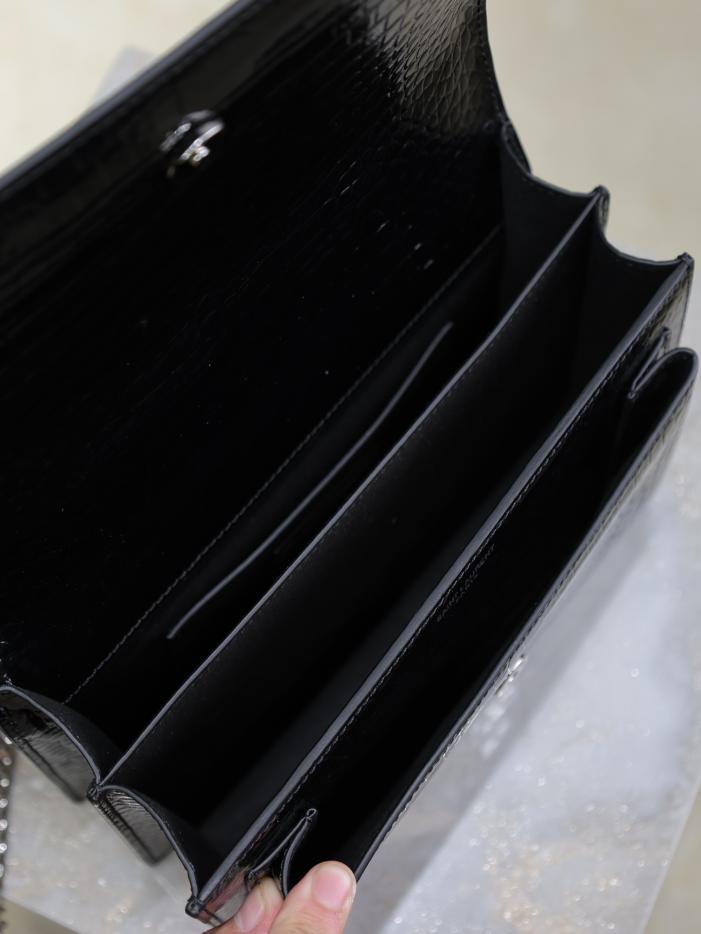 SAINT LAURENT motivo coccodrillo nero con fibbia argento·sunset 22 cm tramonto