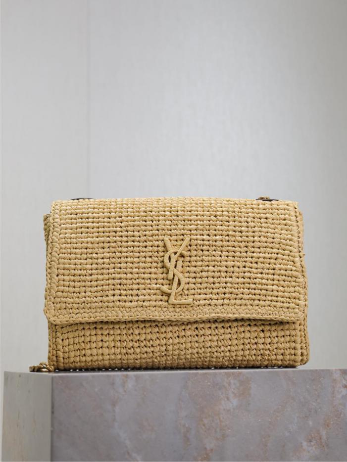 SAINT LAURENT rafia albicocca intrecciata con catena in pelle marrone Kate