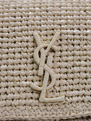 SAINT LAURENT rafia albicocca intrecciata con catena in pelle marrone Kate